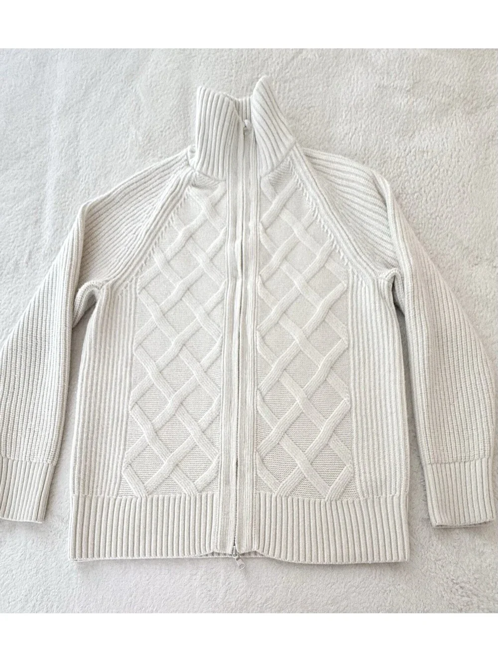 Banana Republic Mens L Merino Wool Blend Cable Knit Full Zip Sweater Ivory